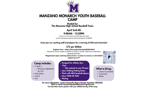 Manzano Monarch Youth Baseball Camp